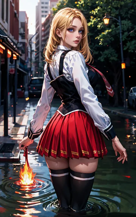 anime girl in a red skirt and black shirt standing in a puddle