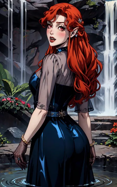 a woman with red hair and a blue dress standing in a pond