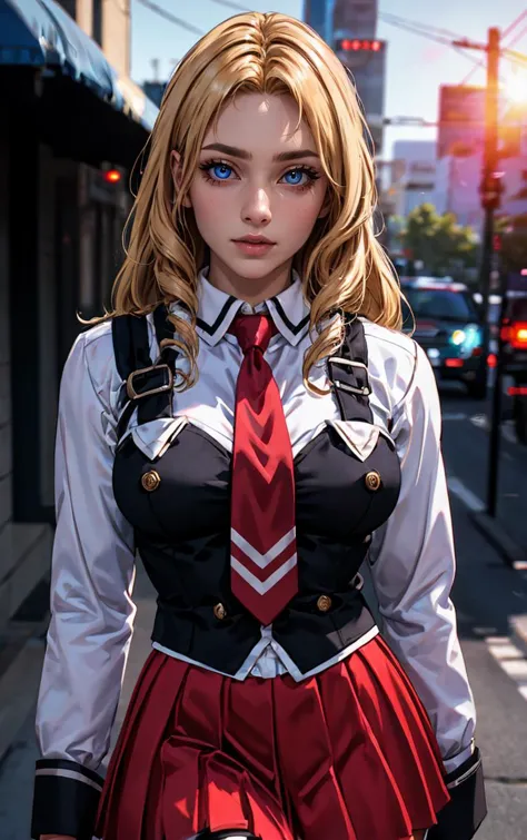 ((masterpiece, best quality)), insaneres, absurdres, solo, outdoors,
CLOTHING_BibleBlack_SchoolDress_ownwaifu, 
1girl, blonde hair,  long hair, blue eyes, 
black vest, red skirt, white shirt, collared shirt, suspenders, school uniform, black thighhighs, zettai ryouiki, necktie, long sleeves, pleated skirt, red necktie, 
(portrait, close-up)<lora:CLOTHING_BibleBlack_SchoolDress_ownwaifu:0.8>,
lens flare, depth of field, bokeh, embers, vanishing point, looking at viewer,