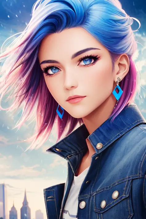 digidsk1, (masterpiece, best quality, best illustration, ultra-detailed, highres, absurdres), 1boy, male focus, solo, purple eyes, rainbow hair , multicolored hair, two tone hair, blue shirt, ripped denim jacket, open jacket, denim jeans, silver earrings, long hair,  depth_of_field, very detailed background, extreme light and shadow,(detailed eyes), (detailed skin), sexy, lustrous skin,(bloom), (shine), (detailed fabric), (beautiful) beautiful detailed eyes, city background, thunderstorm, lightning storm, thunderbolts, ((80s punk style)), lens flare,storm:1.2, perfect lighting , perfect anatomy, dynamic angle, pov, digidsk1