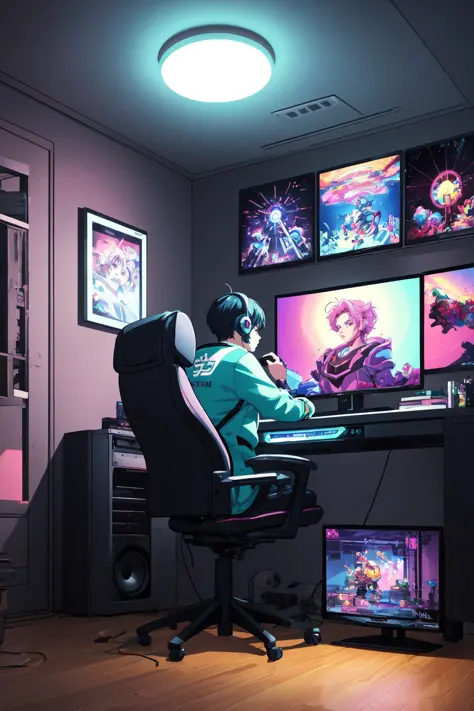 (masterpiece), (best illustration),(no humans), anime background, gaming bedroom, television with large computer, ring lighting ...