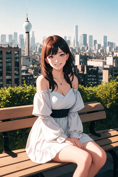 perfect face, side lighting, lustrous skin,(bloom), (shine), lighting, ray tracing, sci-fi, 1 girl, solo,(smile),(sitting on the bench:1.2),(upper body), (smile),(looking at viewer:1.1), japanese red and white dress, long sleeves, bare shoulders, bare legs, medium breasts, long sleeves, an ornament on the chest,outdoors, (cityscape:1.5),streets,lamppost,