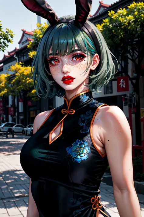 1girl, animal ears, bare shoulders, black dress, blue hair, china dress, chinese clothes, dress, freckles, green hair, grey hair...