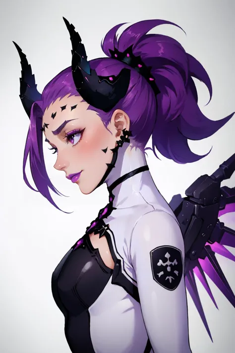 masterpiece, best quality,  <lora:devilmercy-nvwls-v1-000008:0.9> impmercy, purple hair, demon horns, forehead mark, black and w...
