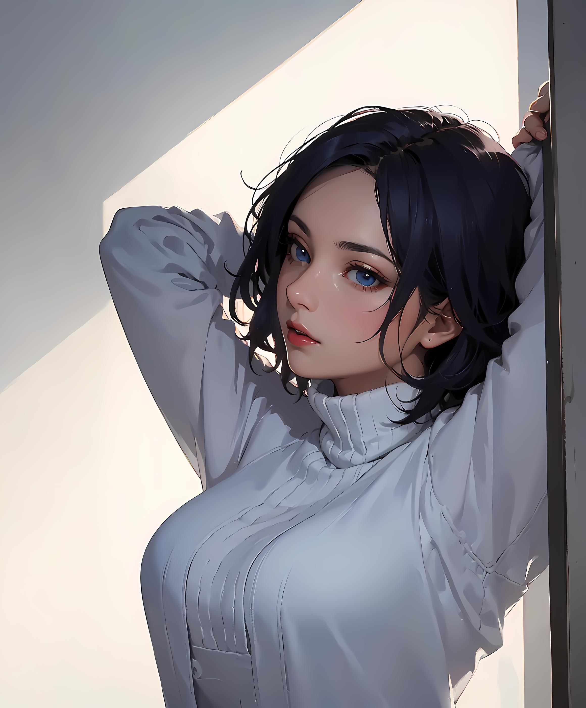 Anime girl with blue eyes posing in a white shirt - SeaArt AI