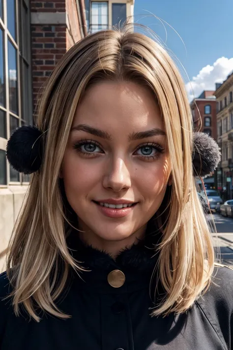 cynthia,long blonde hair, hair ornament, hair over one eye, grey eyes, fur collar, black shirt, looking at viewer, smiling,close...