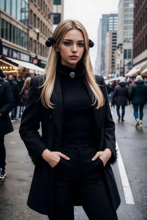 a woman in black outfit standing on street with city buildings in background