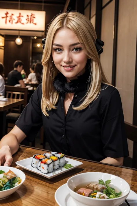 cynthia,long blonde hair, hair ornament, hair over one eye, grey eyes, black shirt, black pants,fur collar, looking at viewer, serious, smiling, sitting, behind a table, inside a japansese restaurant, table full of food, sushi, high quality, masterpiece,  