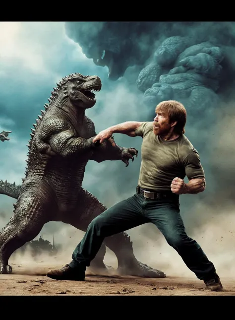 Chuck Norris  fighting against godzilla, movie poster style,