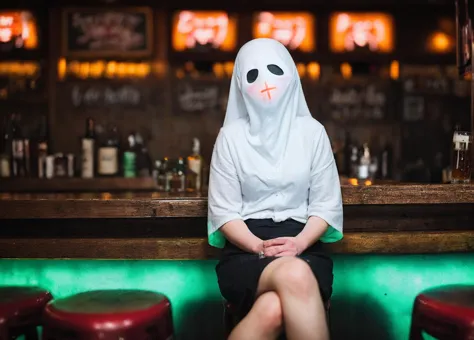 professional RAW photography of a cute ghost sitting in a  crowded bar drinking beer