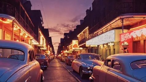 photography, 1950s, bourbon street, cars, street, extreme details, people, sunset,