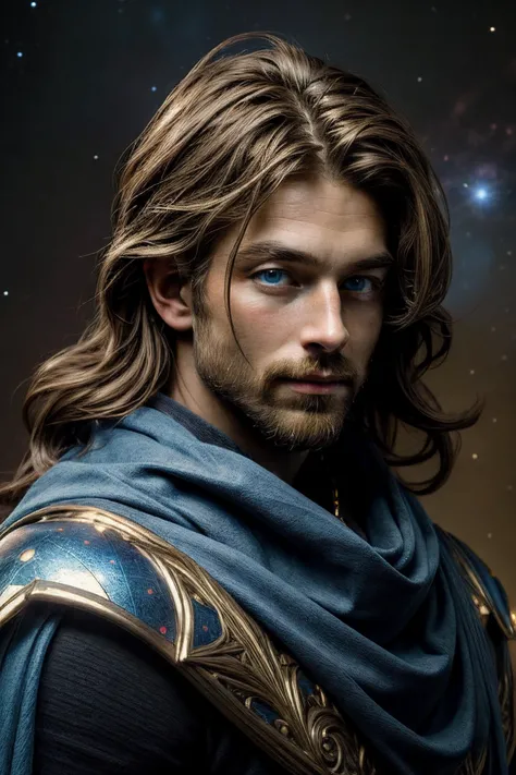 portrait of an heroic King, King wearing blue cape, galaxy room, futuristic room, majestic background, space background, galaxy background, long silver hair, blue eyes with little galaxies inside, imposing and majestic character, embodying races and cultures of the realm,radiates strength, wisdom and peacefulness smile, with golden white plateded armor, with shining magical assets, masterpiece, best (quality:1.3), extremely high detailed, intricate, 8k, HDR, wallpaper, cinematic lighting, , <lora:Mecha:1> golden glowing, blue galaxy in the eyes, mecha, realistic, heaven background, low key <lora:add_detail:0.6> <lora:epi_noiseoffset2:1>