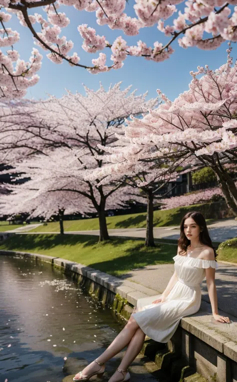 (style of [Cathleen McAllister|Ilya Kuvshinov|Loish|Daniela Uhlig|Ross Tran]:0.7), (ultra wide establishing shot, solo focus, cinematic photoshoot of perfect seductive young woman Relaxing Under a Cherry Blossom Tree:1.3), serene scene under a cherry blossom tree in full bloom, with petals gently falling like a soft pink snow, creating a carpet of flowers on a tranquil lakeshore.