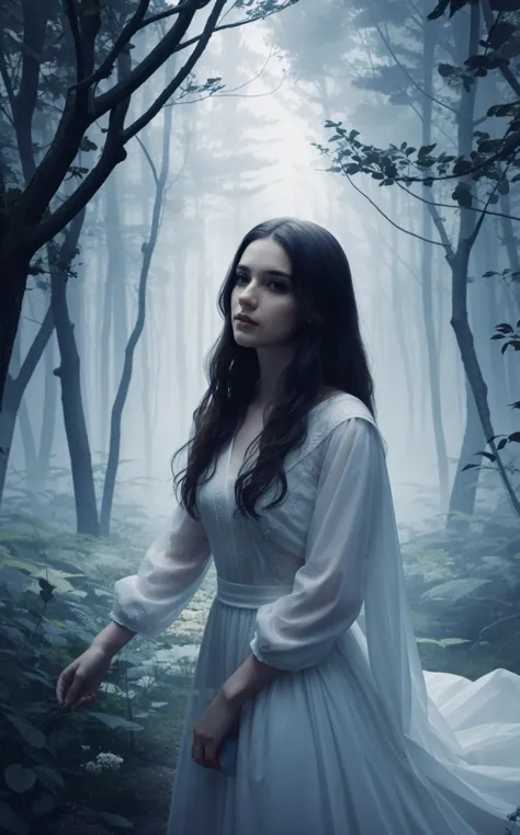 a woman in a white dress standing in a forest