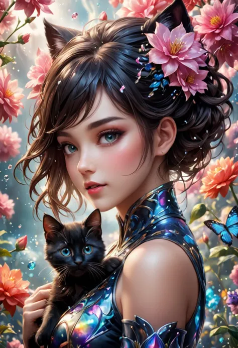 A captivating mythsxl kittengirl holds a kitten close to her heart, solo, enchanting and mysterious gaze draws the viewer into t...