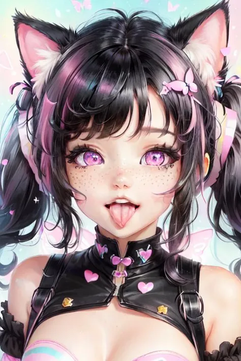 <lora:DI_belle_delphine_v1:.8> (black hair:1.5),
long hair, (twin tails:1.2), cat ears, closeup face, freckles, (pink eyes:1.1),...