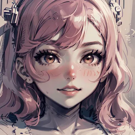 (masterpiece, best quality:1.1), monochrome, 1girl, Belle Delphine, pink hair, face, close-up, hand-drawn art, Unpainted, <lora:...