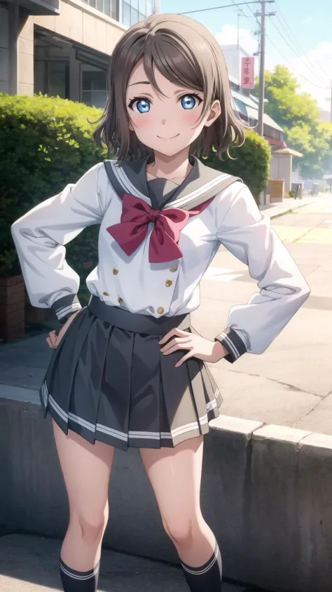 anime girl in uniform posing on the street with her hands on her hips