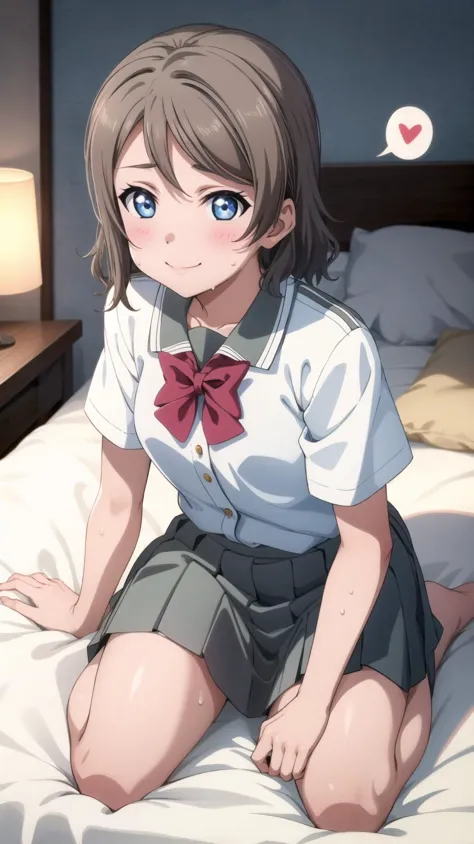 anime girl sitting on a bed with a red bow tie