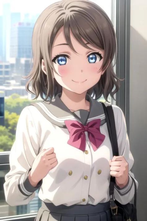(((pixel-perfect, detail-perfect))), solo, 1girl, <lora:you-lovelive-01:0.8>, you watanabe, uranohoshi school uniform, bowtie, looking at viewer, smile