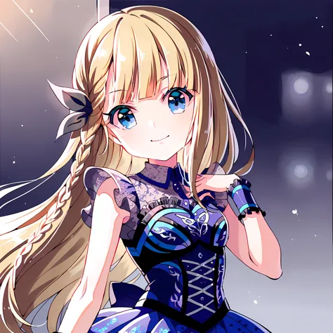 anime girl with long blonde hair and blue dress holding a knife