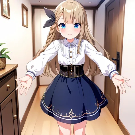 anime girl in a blue skirt and white shirt standing in a hallway