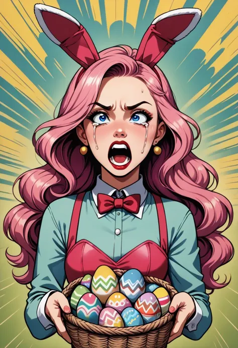 pptlszxl, easter bunny costume, 1girl, pastel pink hair, constipated face,  female focus, stressed, anxiety, white body suit,solo,  crying, yelling, screaming, angry, (angy, very very angy), holding a basket of easter eggs,  jewelry, blue eyes, earrings, lipstick, makeup, long hair, flat color, newsprint texture, illustration, pop art, screenprinting, halftone printing, contemporary art, modern art, graphic art, commercial art, bold colors, bold lines, comic book style,   kitsch, retro style, vibrant colors,  comic art, advertising art, score_9, score_9_up, score_8_up, score_7_up, score_6_up, score_5_up, score_4_up, retro art style, ligne claire