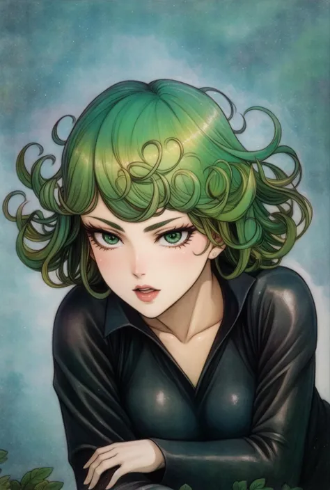 a painting of a woman with green hair and a black shirt