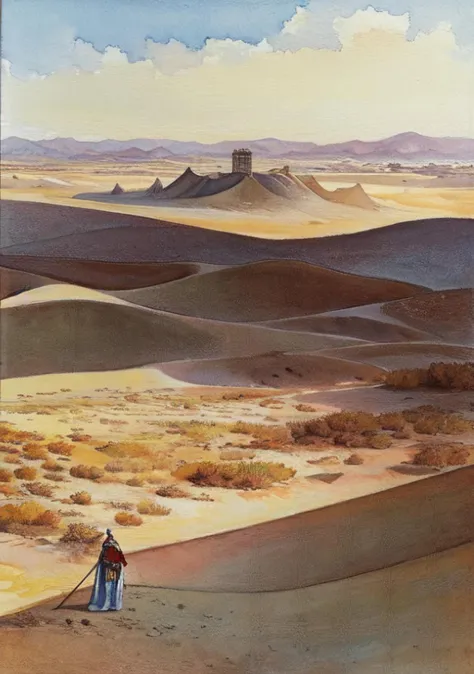 painting of a man and woman walking in the desert with a horse