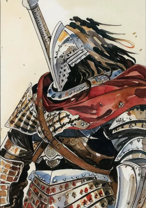 a painting of a man in armor with a sword and a helmet