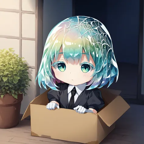 b0xe,chibi, in box,sitting,indoors, spider web on head,
 hskdmnd, crystal hair, colored eyelashes, multicolored hair, short hair, black shirt, puffy short sleeves, collared shirt, black necktie, elbow gloves, white gloves, confusion, head tilt,looking down,
BREAK
score_9,score_8_up,score_7_up, <lora:kushi_v1_1-000010:0.9> <lora:Hoseki_HousekiNoKuni_Diamond_PDXL_v1:1><lora:boxed_potat_v1:1>