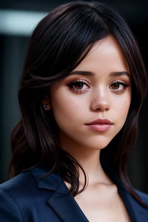 a close up of a woman with a suit jacket and earrings