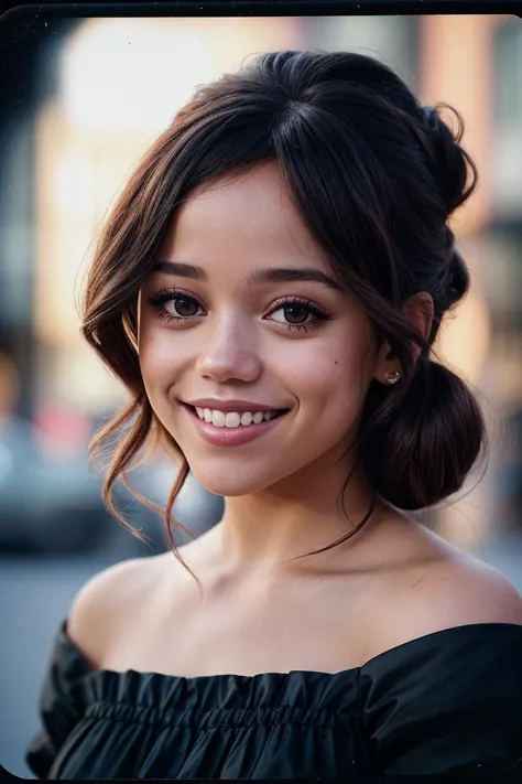 a close up of a woman with a black dress smiling