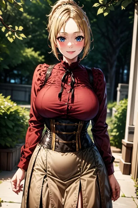 best quality, masterpiece, 1girl, (solo:1.1), raytracing, ultra detailed,detailed face, 8k wallpaper, (wide hips:1.1), ZenithGreyratNDV, 1girl, blonde hair, blue eyes, large breasts, medium hair, ponytail, bangs, ribbon, collared shirt,  mature female, outdoor, red shirt, brown skirt, corset, smile