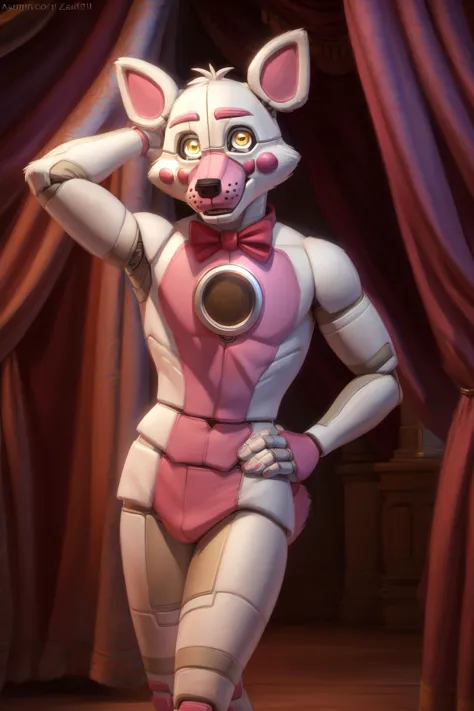 <lora:funtime_foxy-09:1>, funtimefoxy, (pink body:1.2), two tone body, white sclera, tail, (pose:1.3), (posing:1.3), (soft shadi...