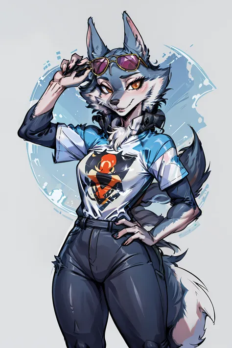 <lora:porshacrystal-novelai:1> porshacrystal, anthro, female, canid, canine, canis, wolf, mammal, solo, fur, grey body, grey fur, wolf, furry, furry female, 1 girl, 1girl, sunglasses, small breasts, portrait, white t-shirt,