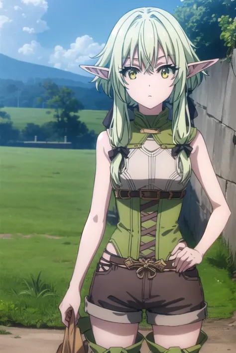 highelfarcher, <lora:highelfarchers2-lora-nochekaiser:1>, 
high elf archer, long hair, (green eyes:1.5), bow, hair bow, black bow, sidelocks, green hair, pointy ears, elf,
BREAK thighhighs, boots, shorts, sleeveless, bare arms, thigh boots, brown footwear, brown shorts,
BREAK outdoors, nature, grass, forest, sun, cloud, sky,
BREAK looking at viewer, (cowboy shot:1.5),
BREAK <lyco:GoodHands-beta2:1>, (masterpiece:1.2), best quality, high resolution, unity 8k wallpaper, (illustration:0.8), (beautiful detailed eyes:1.6), extremely detailed face, perfect lighting, extremely detailed CG, (perfect hands, perfect anatomy),