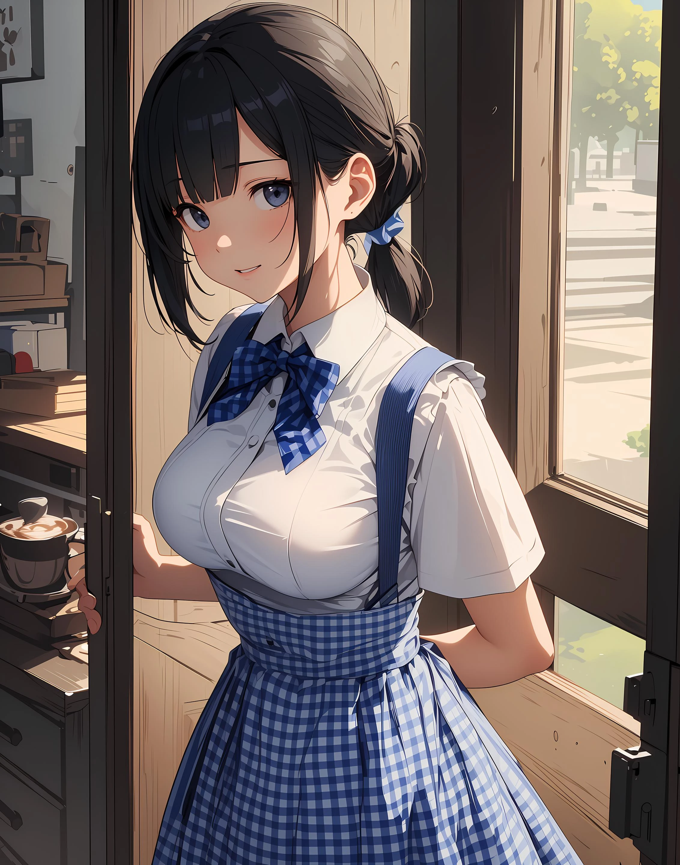 (anime), ((extremely detailed 8k illustration)), highres, (extremely detailed and beautiful), ultra detailed painting, professional illustrasion, Ultra-precise depiction, Ultra-detailed depiction, (beautiful and aesthetic:1.2), HDR, (depth of field:1.4), professional illustrasion, 
A coffee shop in the cooler fall weather., 
Today, too, I enter the store in search of my morning cup of coffee., 
A girl in a uniform welcomes me again today., 
(girl), (teenage), (highly detailed beautiful face and eyes,big breasts firm breasts), oily skin, ((black hair,black eyes,short bob with short pony tail hair)), thin pubic hair, cute, lovely, 14 years old, (kobeya uniform:1.3), (gingham-check suspender-apron:1.3), (solid-blue high-waist skirt:1.3), (apron over skirt:1.2), (white blouse:1.3), (double-breasted,underbust:1.2), short sleeves, button gap, (solid-blue bow-tie:1.2), smile, looking at viewer,