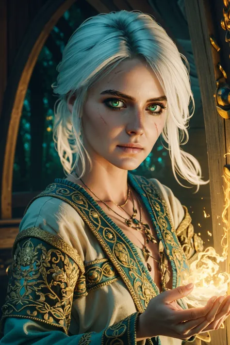 ciriW3_soul3142, 1girl, green eyes, white hair, scar across eye, looking at viewer, magic, fantasy, glow, mystical, masterpiece, best quality,  intricate details, <lora:ciriW3-08b:0.6>, <lora:detail_slider_v4:0.7>