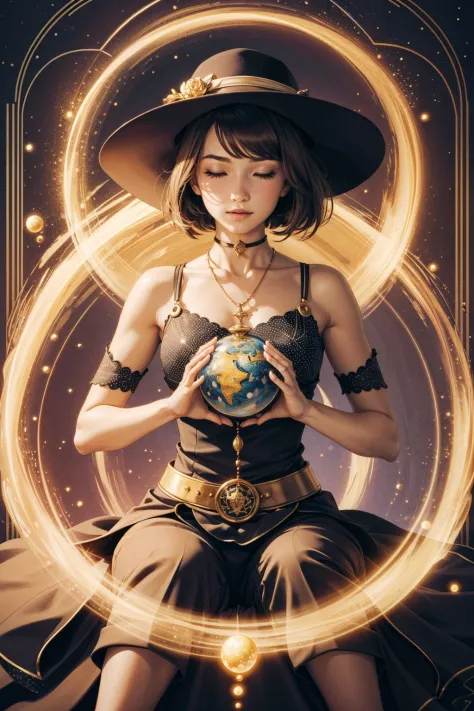 female , Eighteen, Well-defined, Light Brown Bob cut hair, Skepticism, Mystic Meditation, Cross-legged, entering a meditative state for magic,  wearing DeepPlum Straight-leg pants, Scallop  Herringbone Asymmetric hem top, , Cloche hat,  and and and Beam (Flowing,Dotted lines,Parallel liness,Colloids,Spellbinding,Charmed,Beguiling,Hemisphere,Circle ,Gestalt principles magic:1.3), Connecting with the spirits of the land, becoming one with nature, Enchanted Luminosity