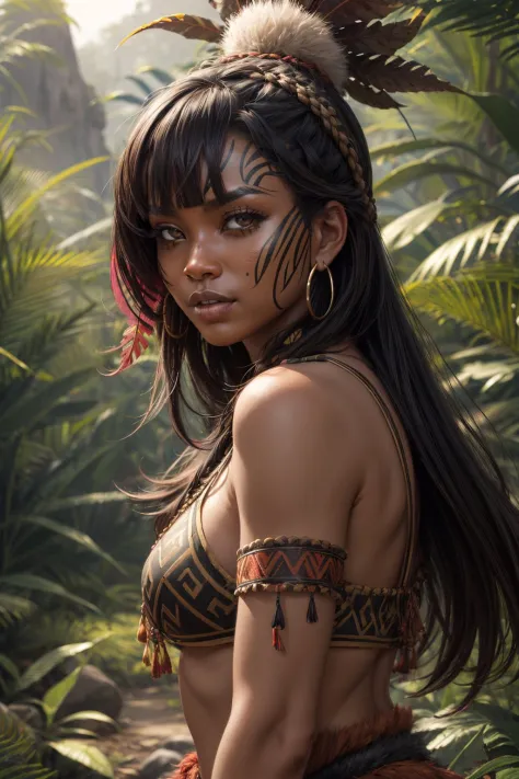solo, upper body, looking at viewer, detailed background, detailed face, , (zulupunkai, zulu theme:1.1)  jungle warrior, brown tribal clothing, warpaint,  bones,  bloodthirsty,   defensive stance,    colorful plants,  stones, fronds,  mysterious, jungle in...