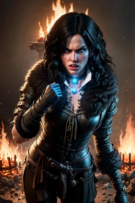 A portrait of an angry yennefer wearing a glowning necklace and a white hemd and a black coat in front of fire in the style of y3nn3f3r