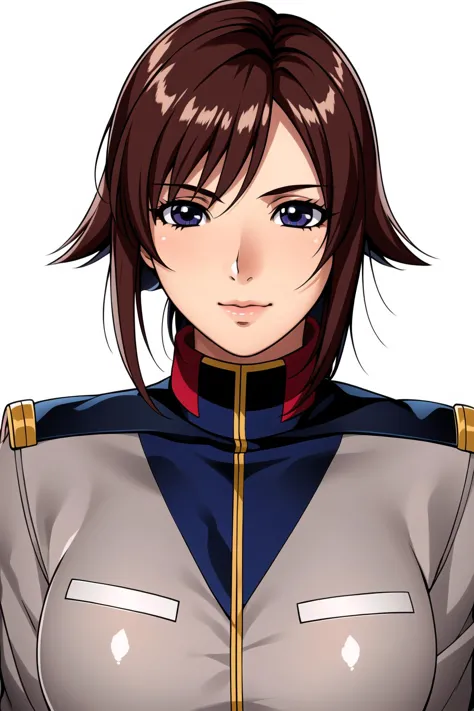 Simple White Background,
dynamic pose,standing at attention,
military, military uniform, gray jacket ,
<lora:miyu_takisawa_GundamLegacy-KK77-V1:0.7>,
blue eyes, Brown hair,bangs,Short hair,
<lora:Oda_Non_Style-KK77-V2:0.3>,<lora:more_details:0.1>,
1 girl, 20yo,Young female,Beautiful long legs,Beautiful body,
Beautiful Nose,Beautiful character design, perfect eyes, perfect face,expressive eyes,perfect balance,
looking at viewer,(Focus on her face),closed mouth, (innocent_big_eyes:1.0),(Light_Smile:0.3),
official art,extremely detailed CG unity 8k wallpaper, perfect lighting,Colorful, Bright_Front_face_Lighting,White skin,
(masterpiece:1.0),(best_quality:1.0), ultra high res,4K,ultra-detailed,
photography, 8K, HDR, highres, absurdres:1.2, Kodak portra 400, film grain, blurry background, bokeh:1.2, lens flare, (vibrant_color:1.2),professional photograph,
(Beautiful,large_Breasts:1.4), (beautiful_face:1.5),(narrow_waist),