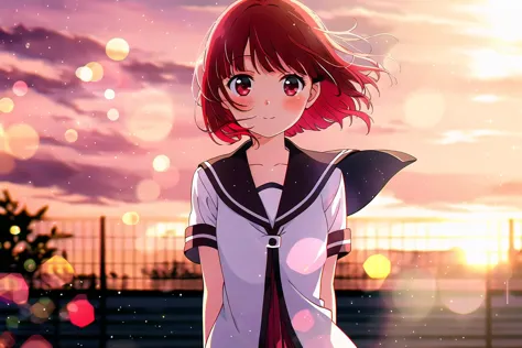 anime girl with red hair and a sailor outfit standing in front of a sunset