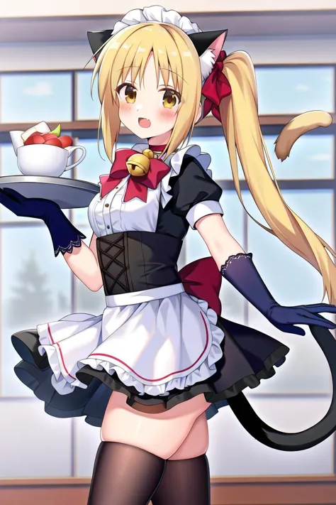 anime girl with a cat tail holding a tray of food