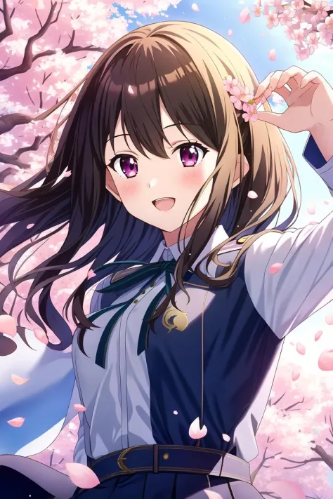 masterpiece, best quality, highres, game cg, 1girl, inoue takina, cherry blossoms, petals, flying petals, wind, upper body