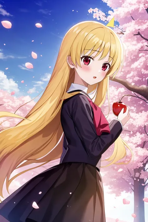 masterpiece, best quality, highres, game cg, 1girl, ijichi seika, cherry blossoms, petals, flying petals, wind