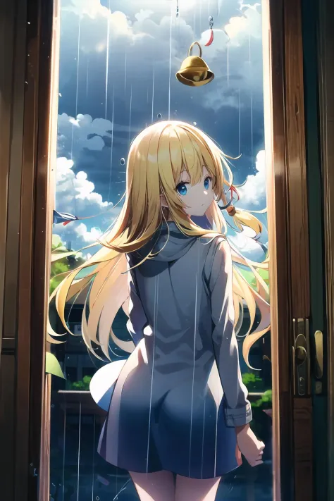 blonde hair, long hair, (one side up:1.2), blue eyes, (looking back:1.3), on back, rain, open door,  day, cloud,bell, tress ribbon,wind chime,