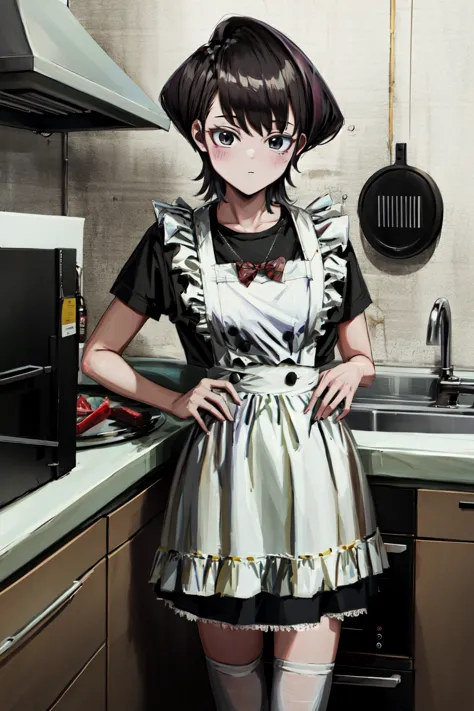 anime girl in a kitchen with a black and white apron