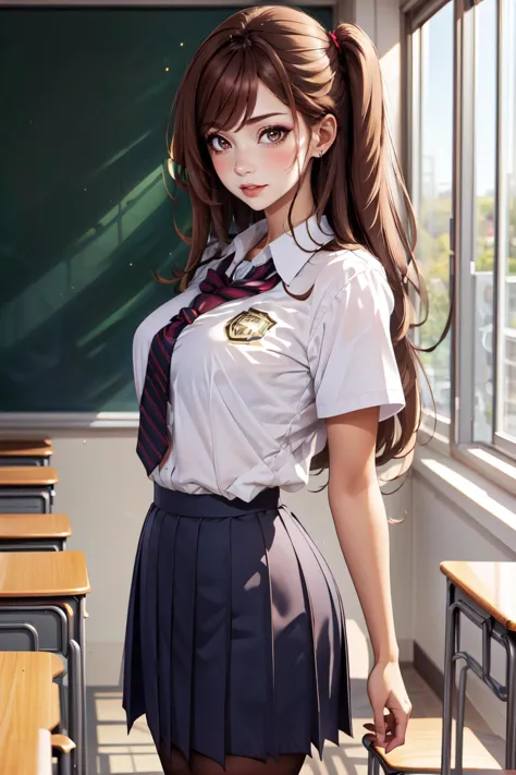 masterpiece, best quality, 1girl,  <lora:side_up-1.0:0.8> su hair, side up, colored tips,  light brown hair,   gyaru,  large breasts, wide hips,   dark skin, piercing, thick lips, school uniform,